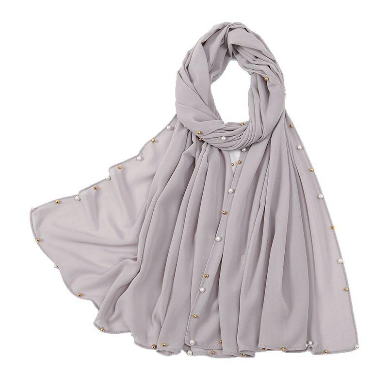 Hot-selling popular chiffon long towel plus small pearl women's gold and silver pearl headscarf
