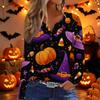Women's Halloween Print Long Sleeve V-Neck T-Shirt with Decorative Buttons for Casual Wear