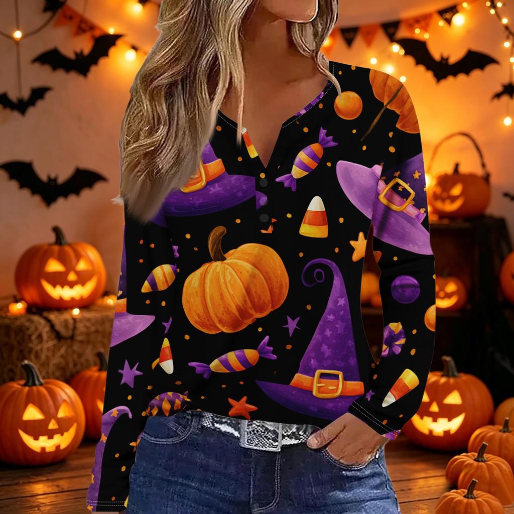 Women's Halloween Print Long Sleeve V-Neck T-Shirt with Decorative Buttons for Casual Wear