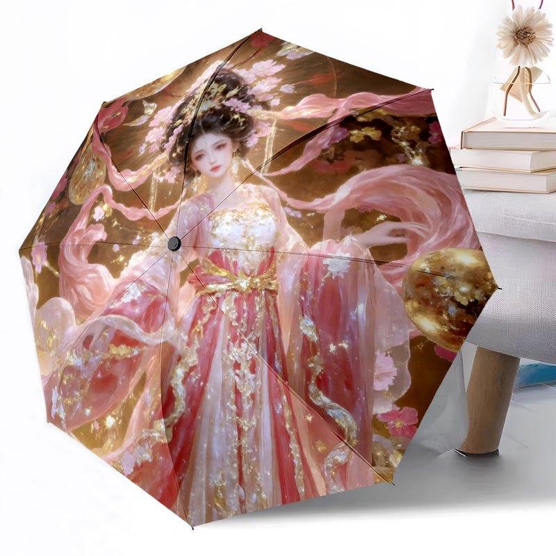 Golden Blossoms And Silk Drapery Automatic Umbrella Folding Umbrella With 8 Ribs Sturdy Construction For Womenmen Elegant Women'S Men'S Umbrella