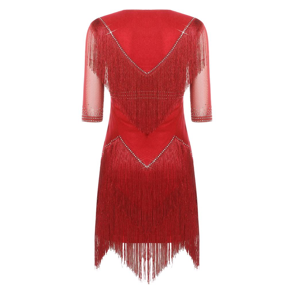 Ladies Glittery Sequin Dance Dress V Neck Half Sleeve Tiered Tassel Design Rhinestone Details Latin Cha Cha Tango Salsa Costume