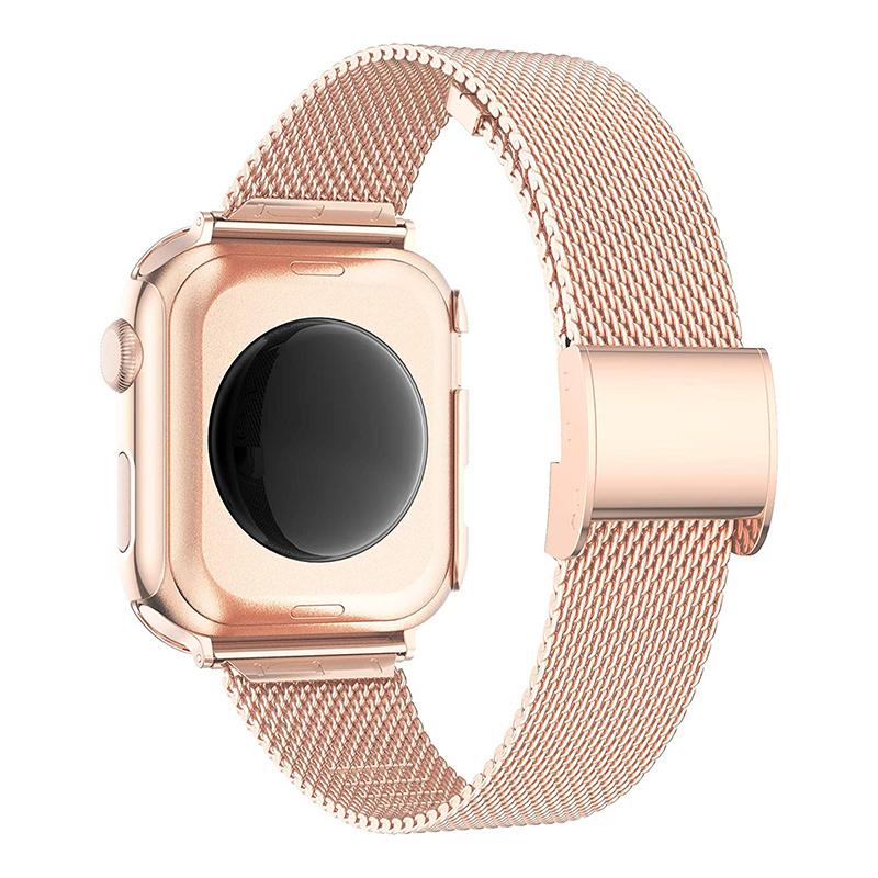 

For Apple Watch Series 8/7 41mm Metal Milanese Watch Band T-shape Buckle Wrist Strap with Shiny Rhinestone Watch Case Anti-scratch PC Frame Silver