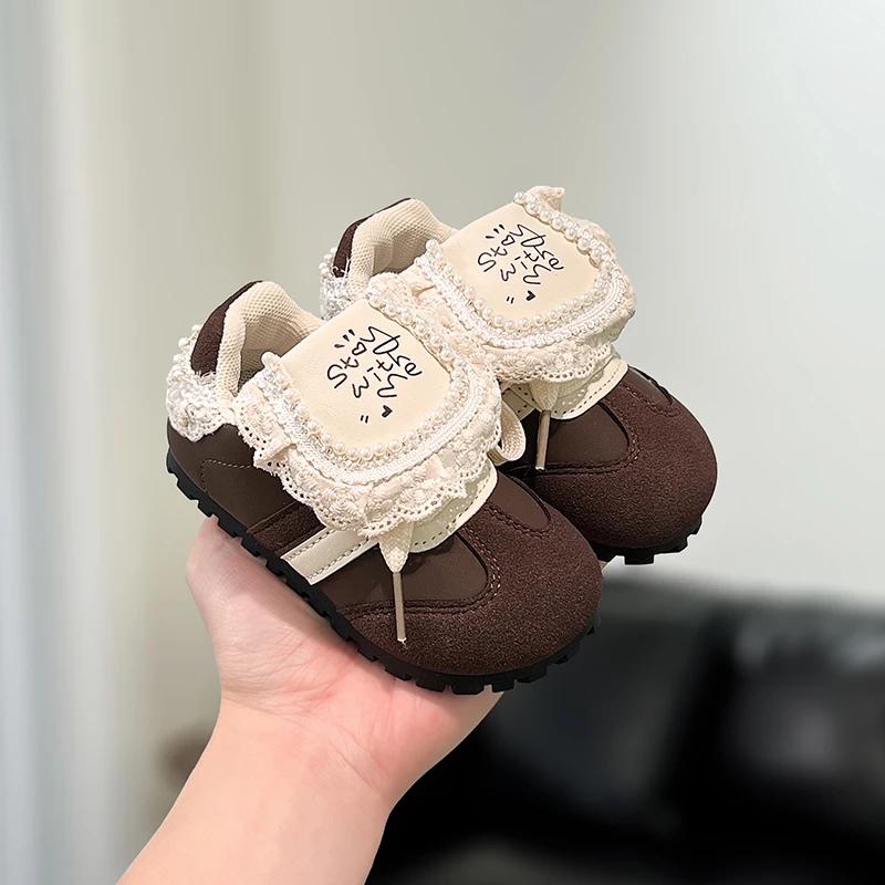 

2025Children Casual Shoes for Girls Spring and Autumn New Fashion Elegant Lace Soft Bottom Anti-slippery Daily Chic Sports Shoes 15(inside 12.0cm) коричневый