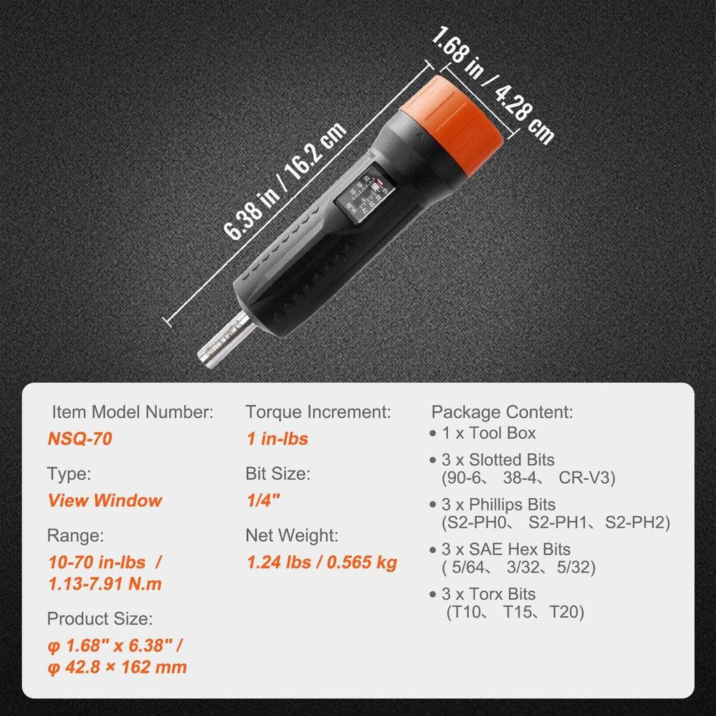 Torque Screwdriver 1/4" Range 10-70 In/lb W/ 1 In-lb Increment View Window