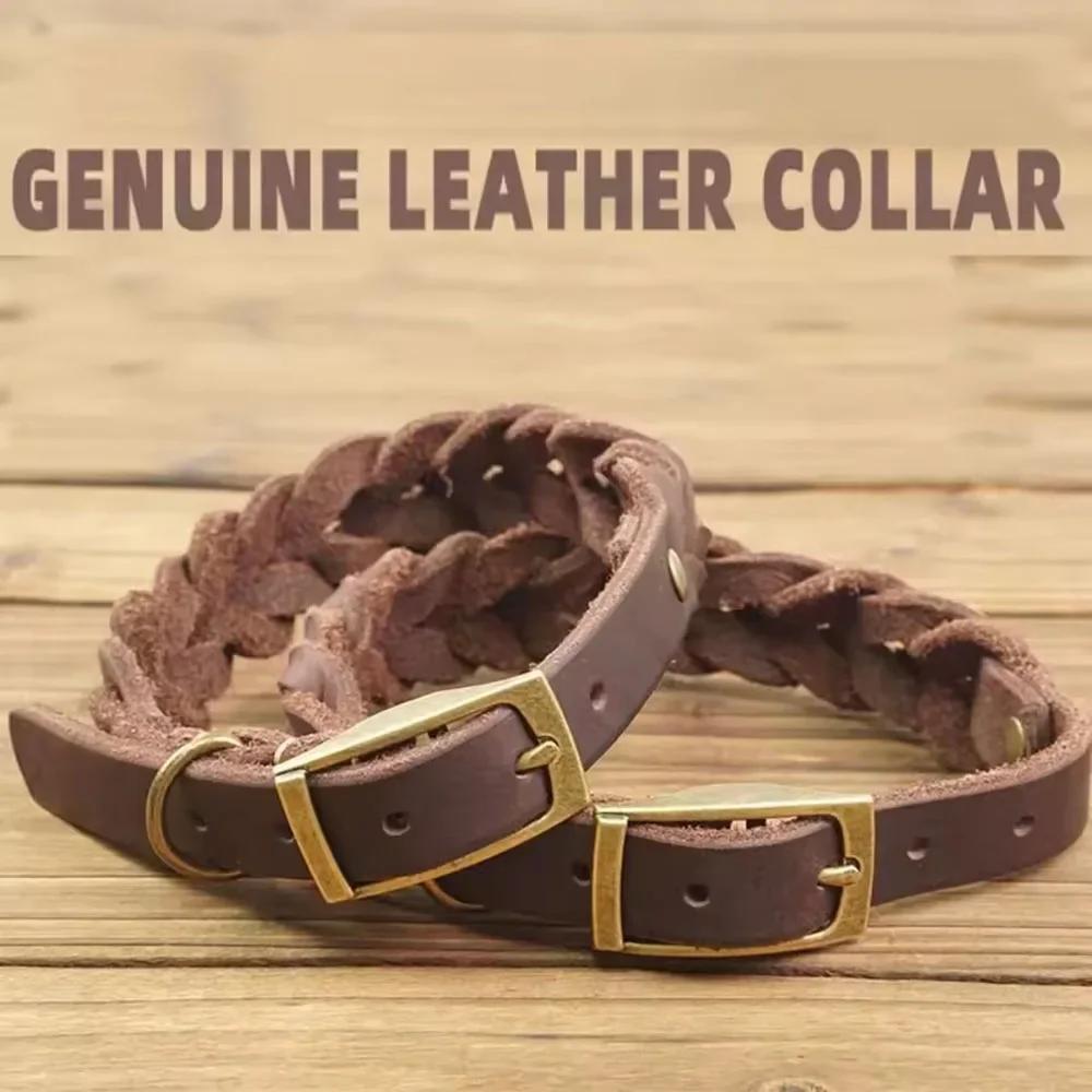 Braided Real Leather Dog Collar Adjustable Pet Puppy Collars for Small and Medium-sized Dogs Outdoor Pet Dog Walking Accessories