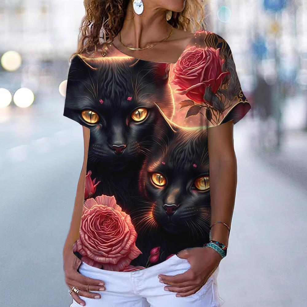 New Diagonal V-neck T-shirt for Women, Short Sleeved Summer Clothing, Animal Printed Loose Cat T-shirt