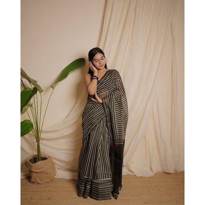 Elegant New Exclusive Chanderi Cotton Digital Print Saree – Fresh Festive Designer Look чёрный