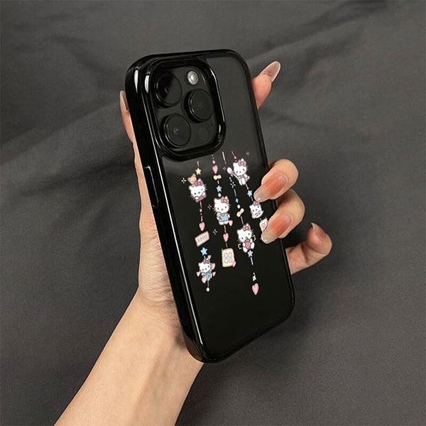 Black Frame Cartoon Kitty for iPhone 17 Pro Max, 16, 15 Pro, 14, and 13 - Cute Acrylic Design 17
