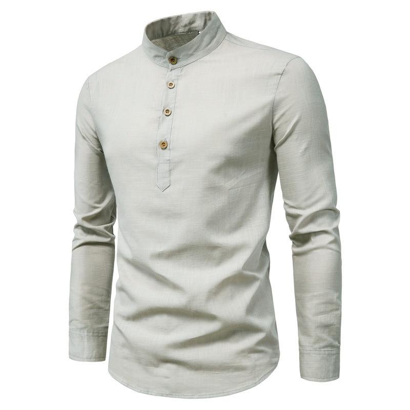 New Men's Autumn Cotton and Linen Long-sleeved Shirt Solid Color Stand-up Collar Shirt Fashionable and Slim