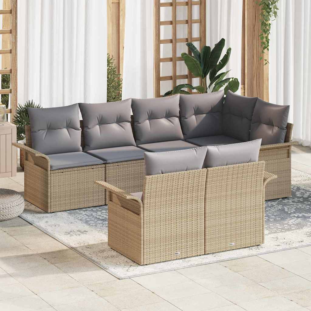 7 Piece Beige Garden Sofa Set with Cushions