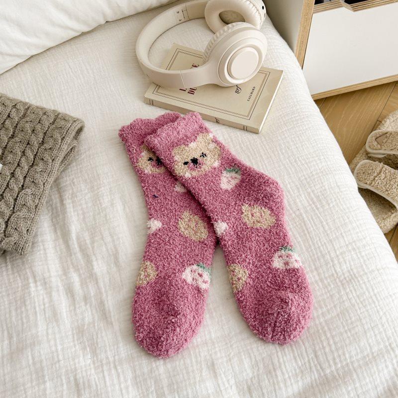 Non-shedding Coral Fleece Socks, Warm Half Fleece Women's Socks, Home Floor Socks, Little Bear Socks, Mid-calf Cartoon Socks