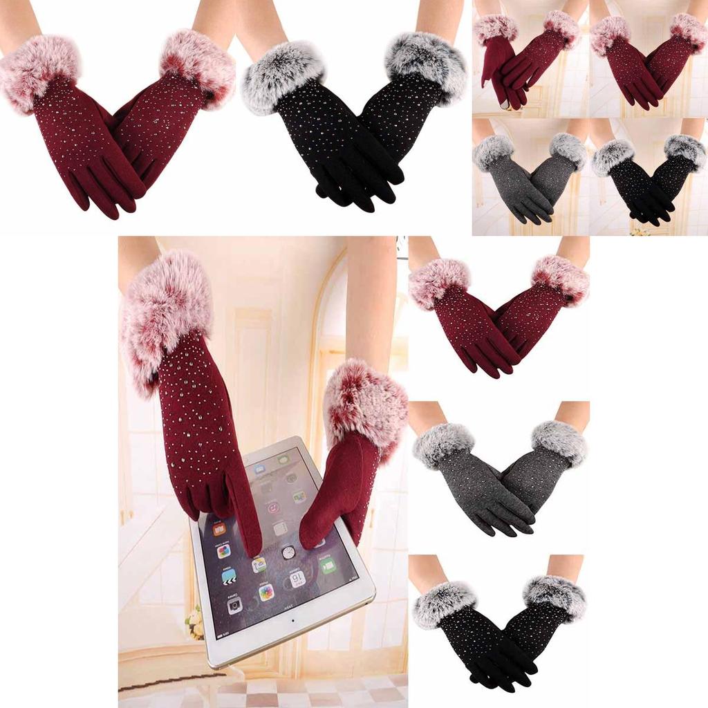 Luxurious Womens Fashion Winter Outdoor Sport Warm Fur Crystal Thick Finger Gloves Mittens