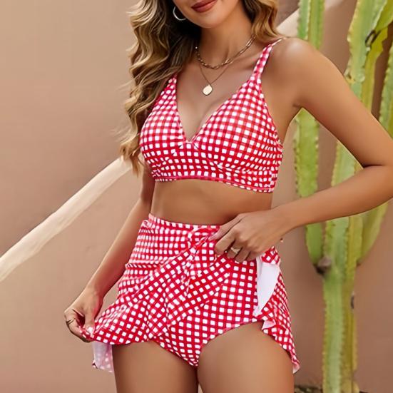 Set Bikini da Donna 2 Pezzi/Set Stampa Pois Scollo a V Reggiseno a Spallina Vita Alta Ruches Laterali Bordi Arricciati Costume da Bagno