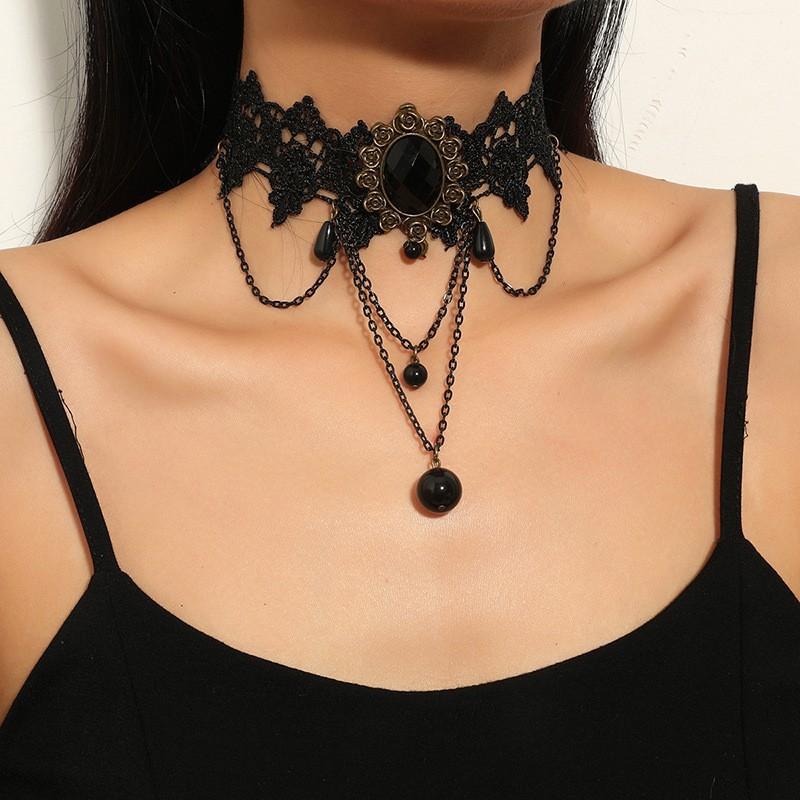 Retro Hollow Black Lace Necklace Medieval Style Lace Accessories Round Bead Pendant Clavicle Chain
