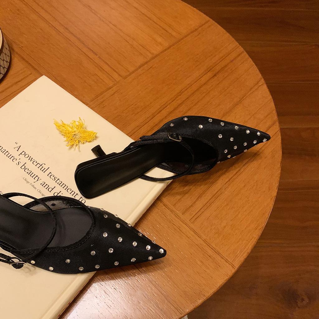 Sheepskin version~ Grape mother rhinestone pointed head temperament high heels mesh yarn breathable rear empty single shoes women's bag head cool s