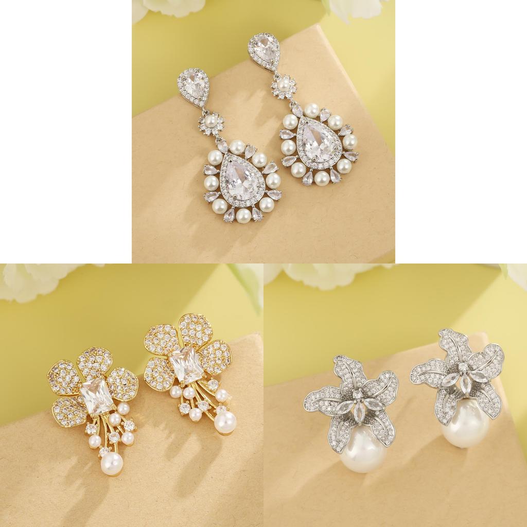 Elegant Geometric Copper Zircon Pearl Earrings For Wedding Bridesmaids