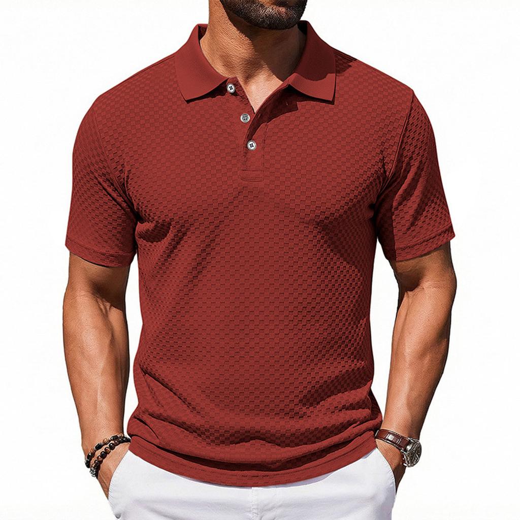 Men's Short Sleeve Polo Shirt with Textured Pattern Classic Fit Button Down Collar Lightweight Casual Top