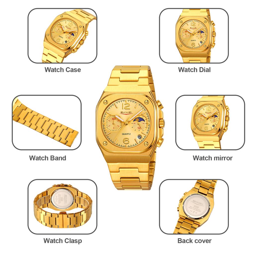 SKMEI New Design Quartz Wristwatches Men Golden Stainless Steel Watch Date Functions Luxury Clock Man