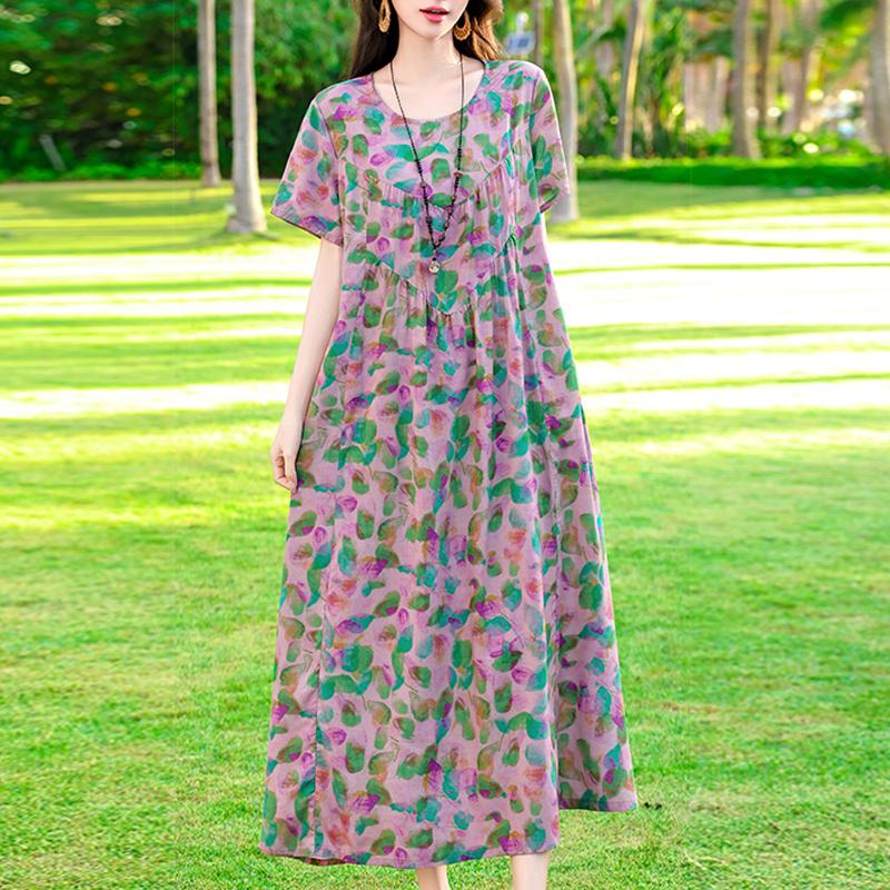 Plus Size Elegant Women's Summer Dress Vintage Clothes Short Sleeve Loose Long Dresses