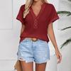 T-shirt casual da donna a maniche corte con scollo a V e trama a nido d'ape, per la primavera-estate, con bottoni