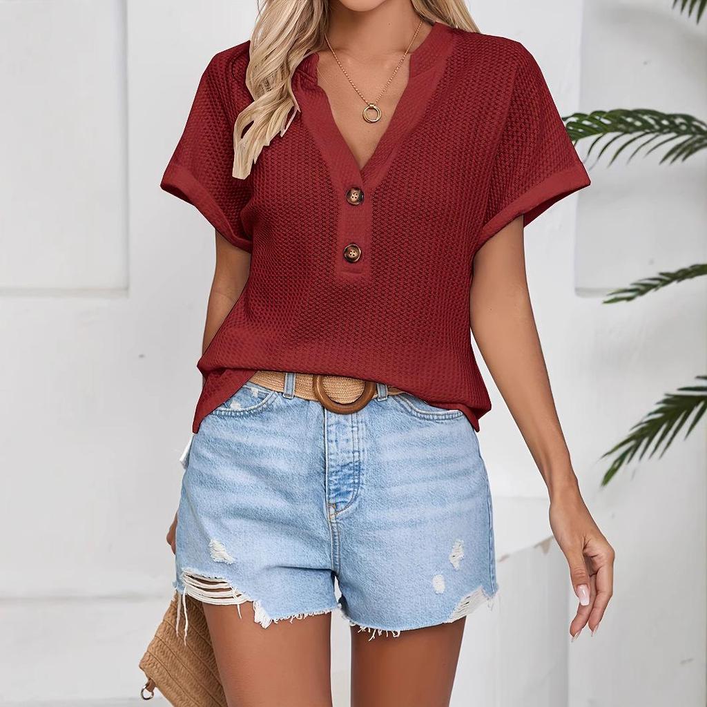 T-shirt casual da donna a maniche corte con scollo a V e trama a nido d'ape, per la primavera-estate, con bottoni