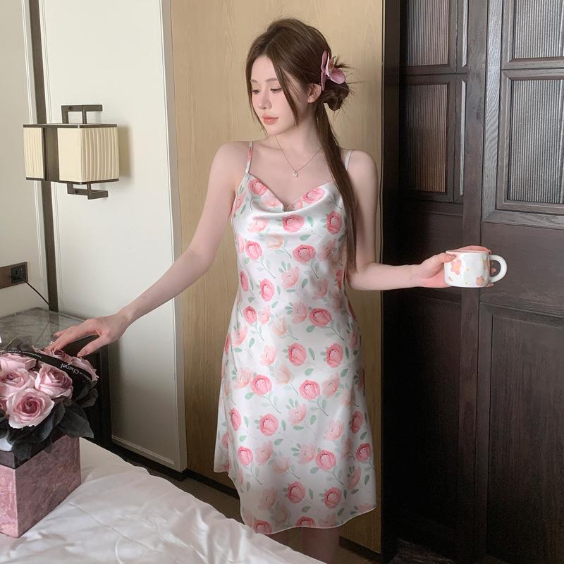 Spring and Summer Ice Silk Nightgown Sexy Suspender Women's Pajamas Thin Nightgown Printed Homewear Bathrobe Two-piece Set
