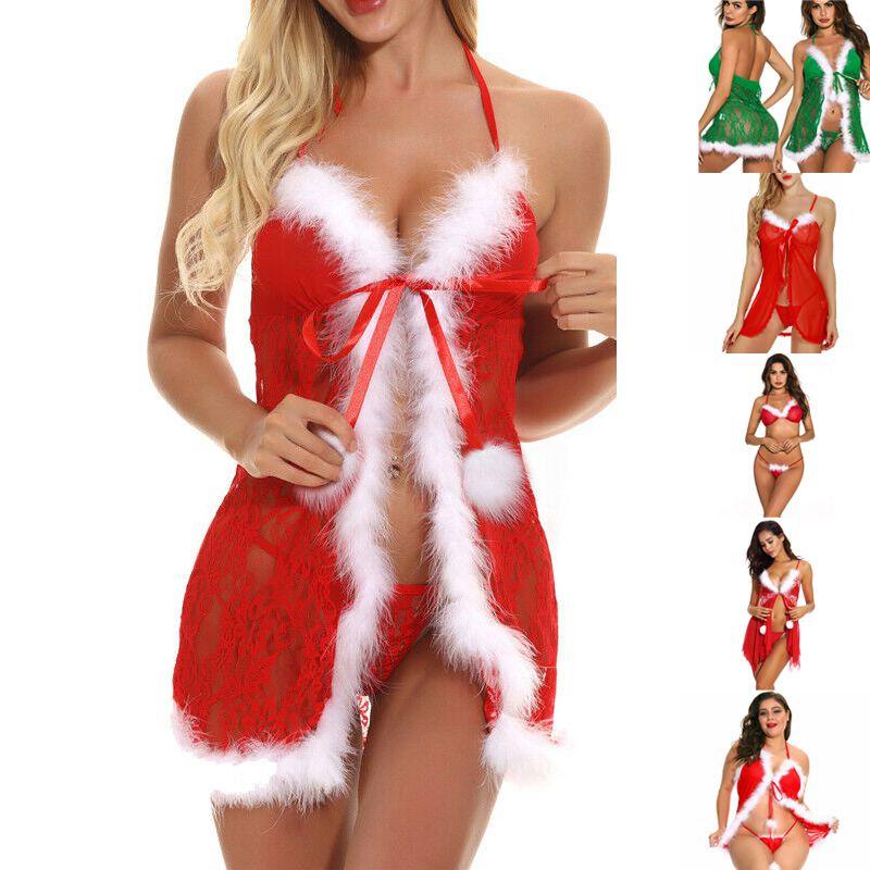 Luxurious Women Sexy Lingerie Red Babydoll Nightwear Santa Christmas Sleepwear G-string Set