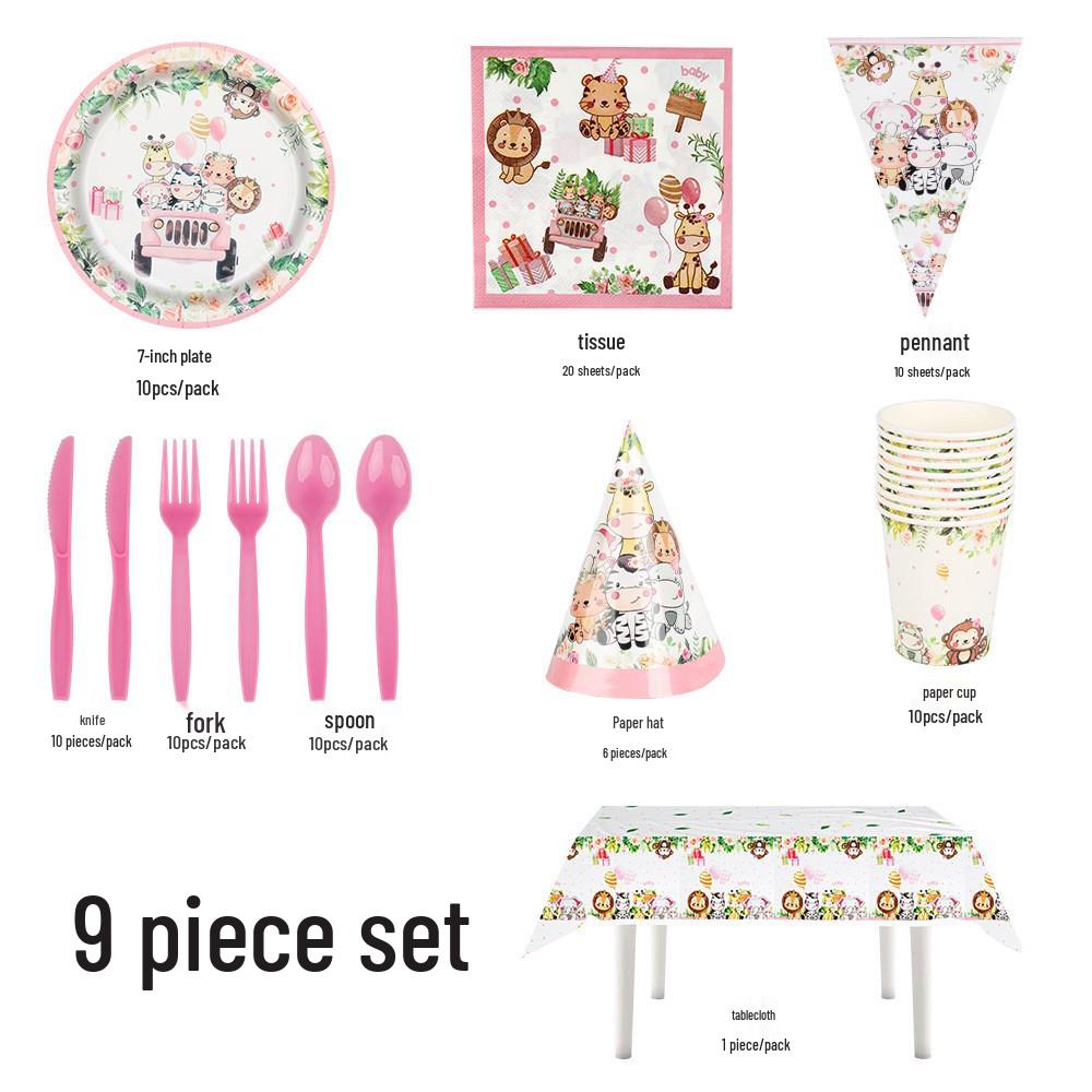 Pink Jungle Animals Party Tableware Set: Plates, Cups, Napkins & Tablecloths.