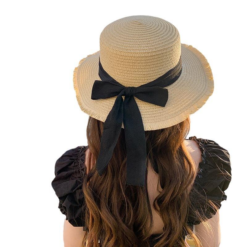 Women's Japanese Style Frayed Edge Straw Hat Fashionable Ribbon Bowknot Sun Protection Hat for Seaside Casual Vacation Beach Sunshade Bonnet