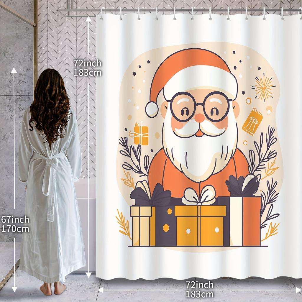 Weihnachts-Weihnachtsmann Duschvorhang - Cartoon Weißer Bart Weihnachtsmann Mit Geschenkbox, Wasserabweisendes Polyester, Badezimmer Dekoration