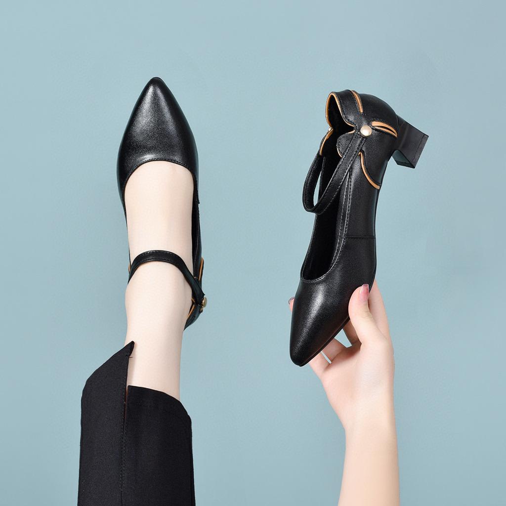 Pointed high heels women's spring new one-word with flowers shallow mouth fashion shoes simple temperament women's work shoes