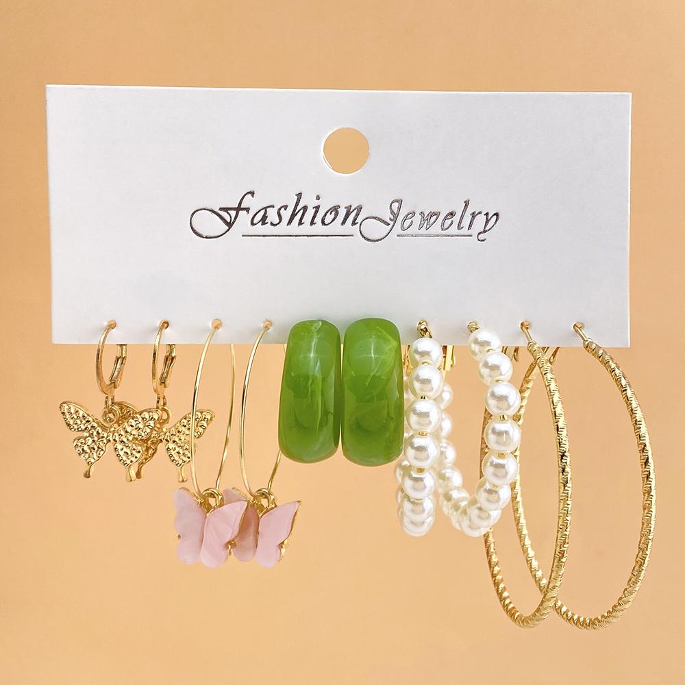 Retro Temperament C-shaped Butterfly Heart-shaped Geometric Earrings Gentle Fashion Simple Earring Set