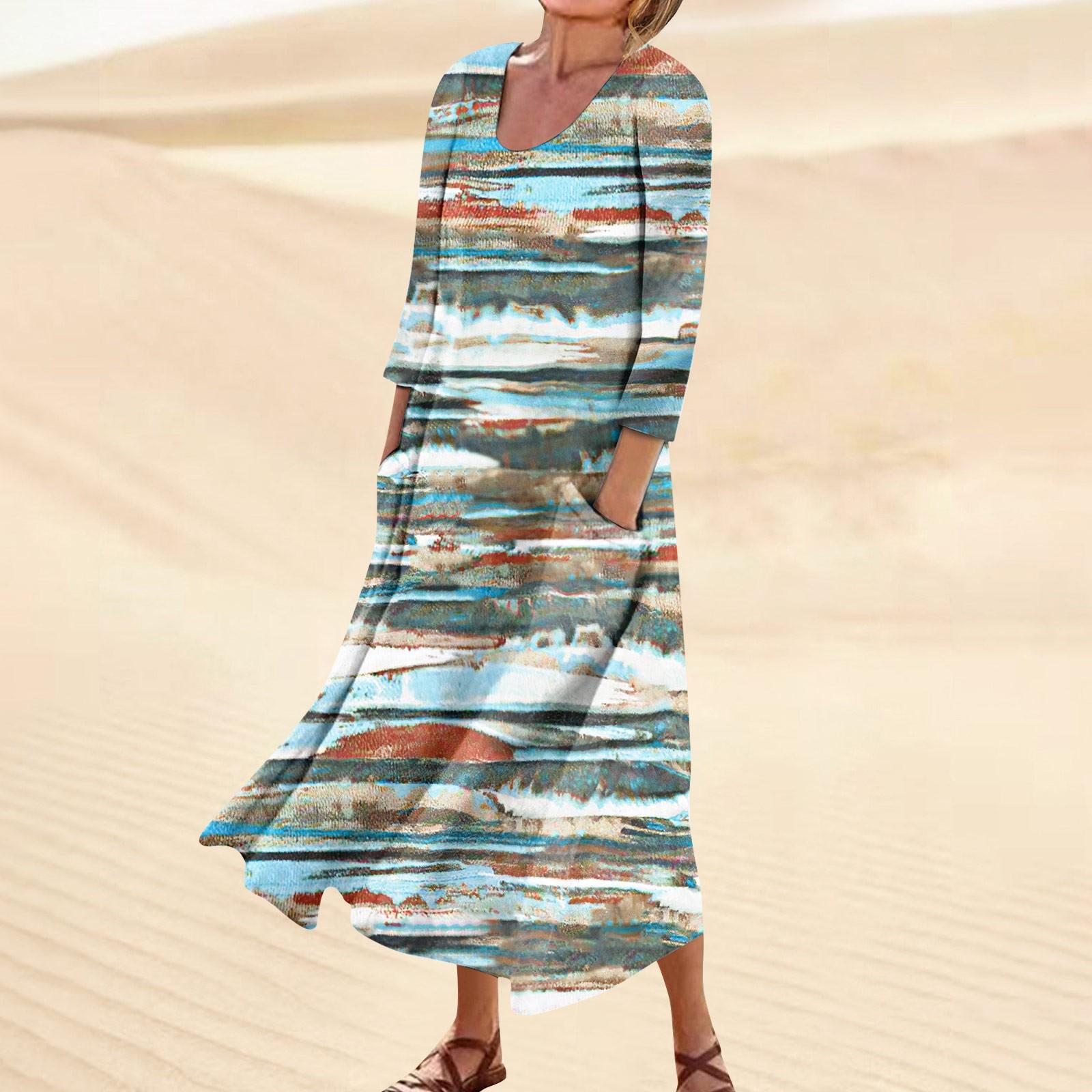 

Платье для женщин, весеннее повседневное модное платье в стиле бохо с рукавами 3/4 для праздника, большого размера XL циан