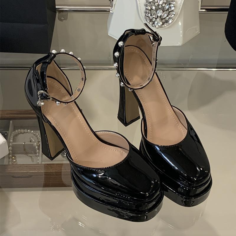 Fashion 2025 Summer Patent Leather Pearls Rhinestones Women Pumps Fashion Platform Wedge Ultra High heels Female Party Prom Chunky Shoes