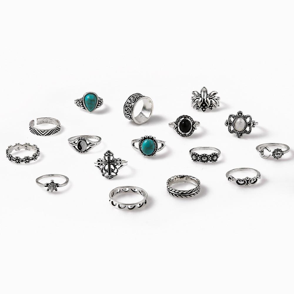 Vintage Engraved Black Gem Ring Personalized Turtle Flower Combination 16-piece Set for Women