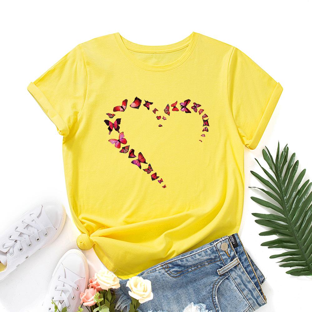 Heart Butterfly Cotton T-Shirt Short Sleeve Round Neck Women 2d Print Tops