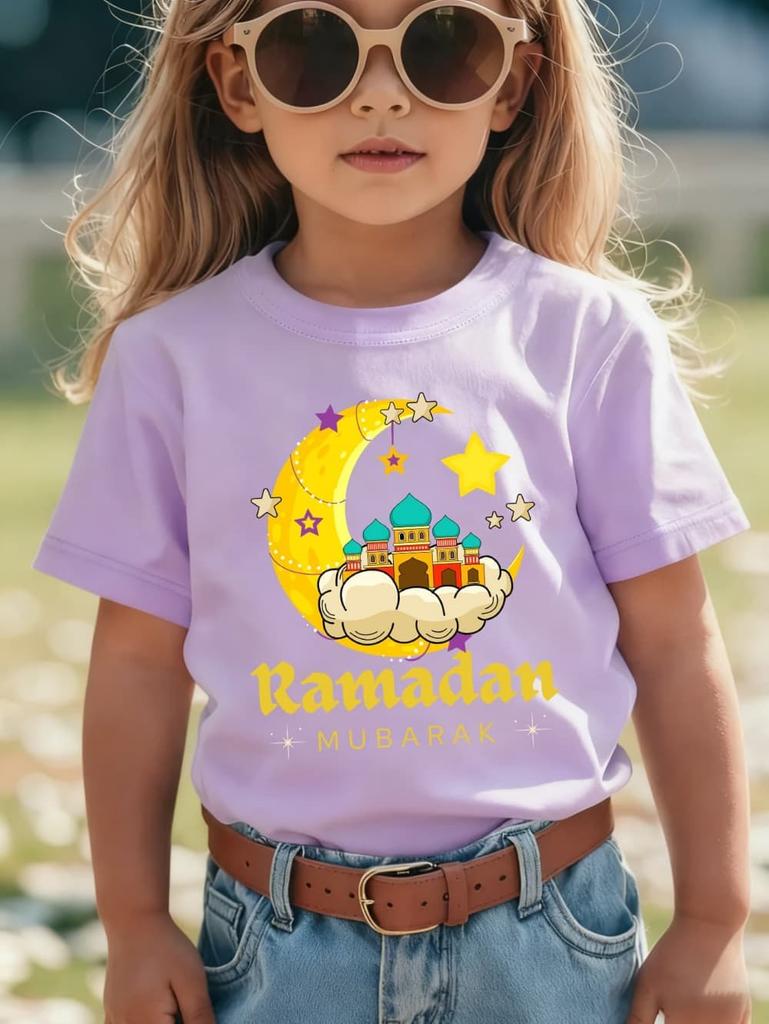 Moon Star Ramadan Print Girl Clothes Eid Mubarak Kid T-Shirt Islamic Muslim Outfit Short Sleeve Tops Holiday Children's Clothing