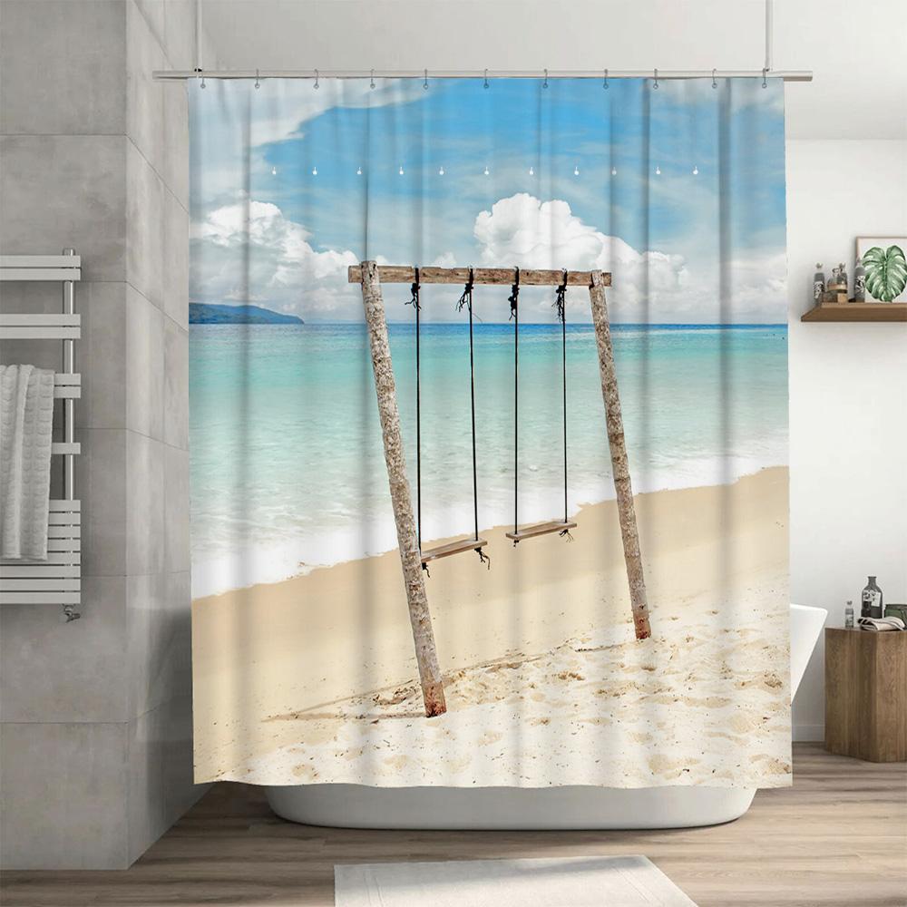 Summer Beach Swing Shower Curtain Waterproof Bath Decorations Wooden Sea Blue Sky Print 3D Customizable Shrink Film Curtains for