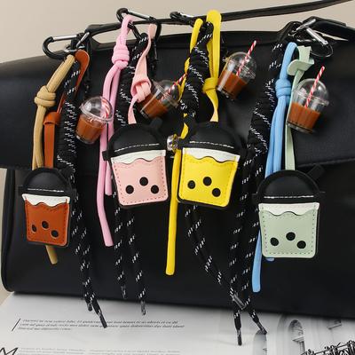 It Is a New Creative Milk Tea Cup Pendant Pu Leather Cute Bubble Tea Braided Rope Bag Pendant Keychain.