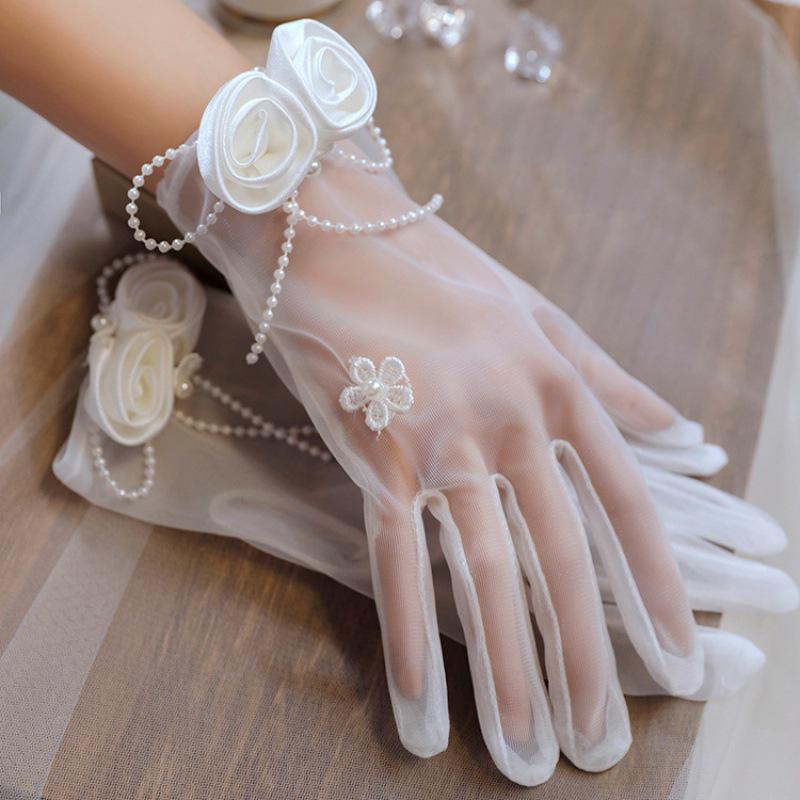 Lace Pearl Satin Bridal Gloves - Short Wedding Photo Accessory