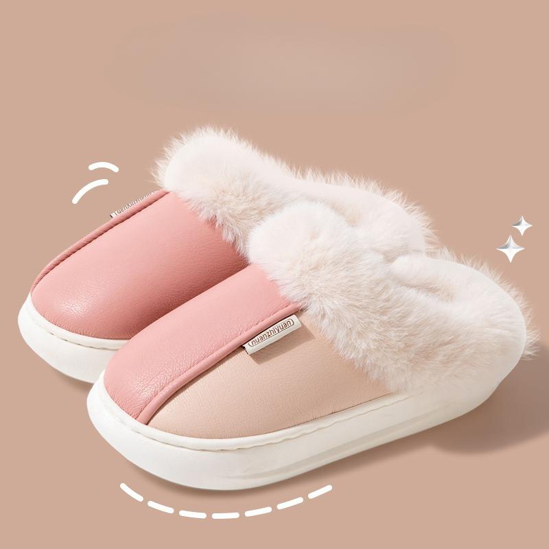 Winter Warme Zuhause Pelz Damen Hausschuhe Luxus Wasserdicht PU Leder Plüsch Paar Baumwollschuhe Indoor Schlafzimmer Flache Absätze Flauschiger Slipper