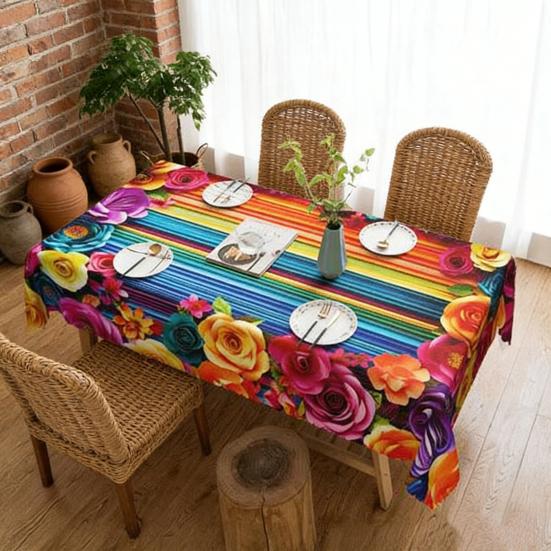 Mexikanische Blumige Tischdecke Rechteckig Volkskunst Muster Tischdecke mit Zackensaum Bunte Blumen Tischabdeckung für Esstisch Party Dekoration