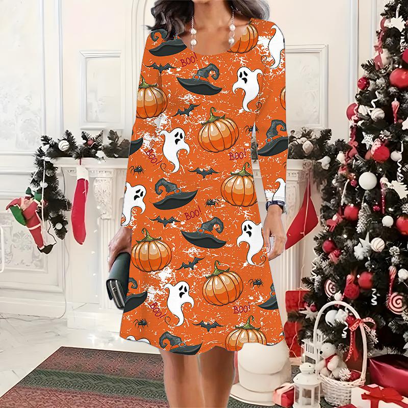 2025 Toamnă & Iarnă Femei Rochie Nouă Casual cu Gât Rotund Model 3D de Halloween Cadou Ideal de Halloween Crăciun