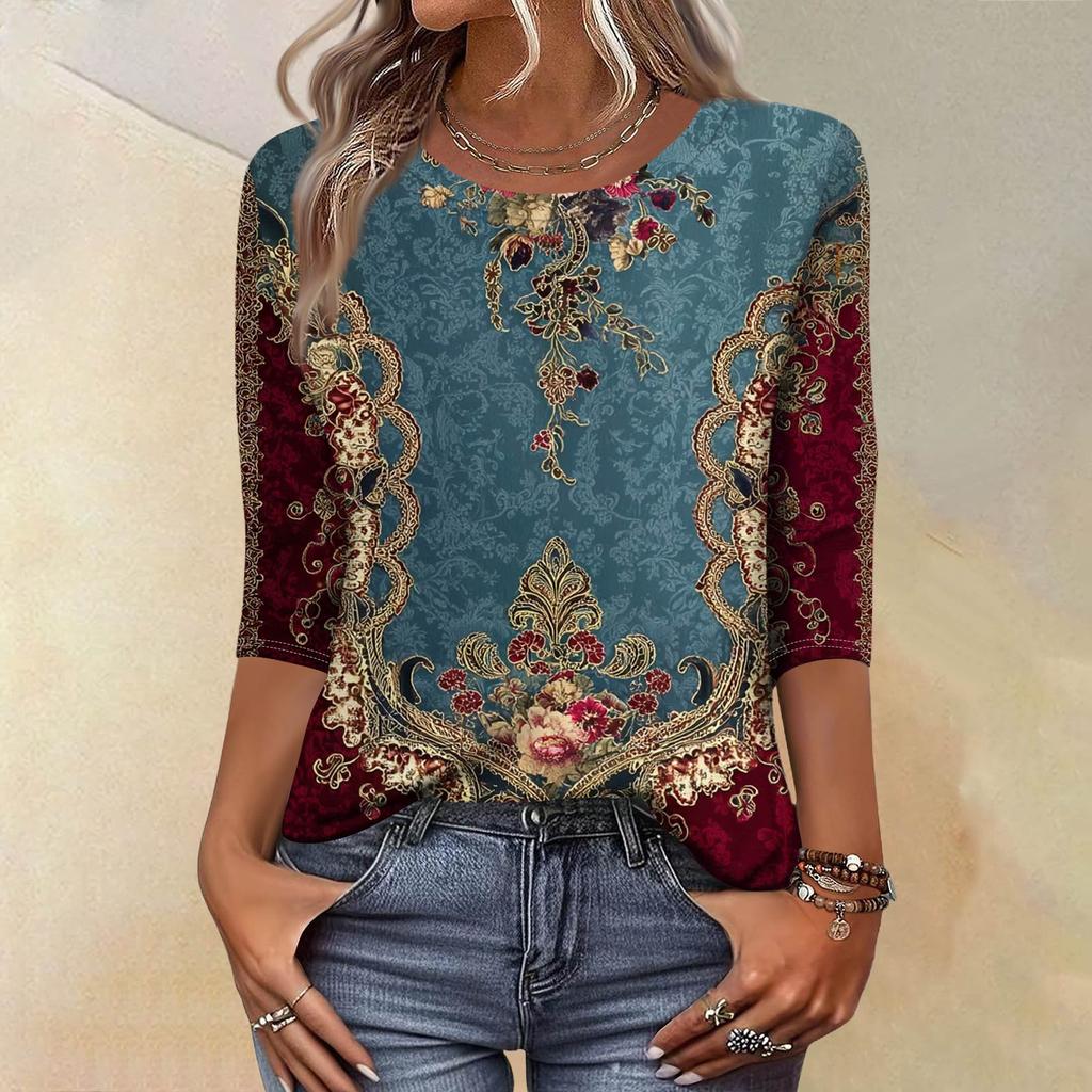 Trendy Vintage 3/4 Sleeve Top For Women,Ladies Casual Three Quarter Sleeve Round Collar Printed T-Shirt Blouse