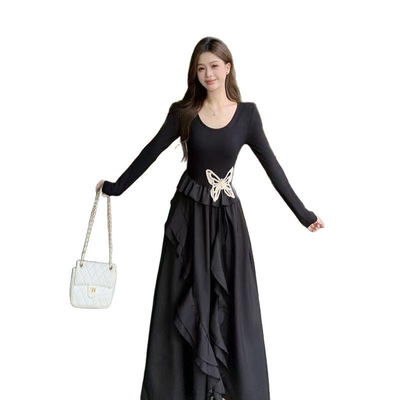 Elegant Butterfly Print Ruffle Dress for Spring and Autumn