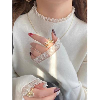 French Style Lace Patchwork Semi High Neck White Knitted Base Sweater Top for Women's Autumn and Winter Slim Fit Inner Sweater