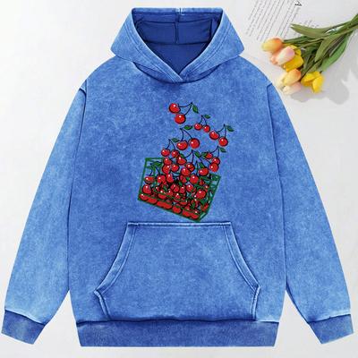Ein Korb Kirschen Druck Washed Streetwear Damenmode Hoodies Herbst Baumwoll-Hoodie Übergroße Kleidung Unisex