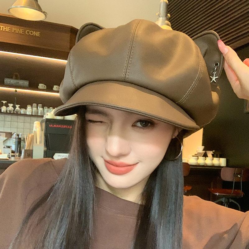Autumn and Winter Retro Cute Hat Women's Sweet and Cool Versatile Cat Ears Octagonal Hat Plain Face Newsboy Hat