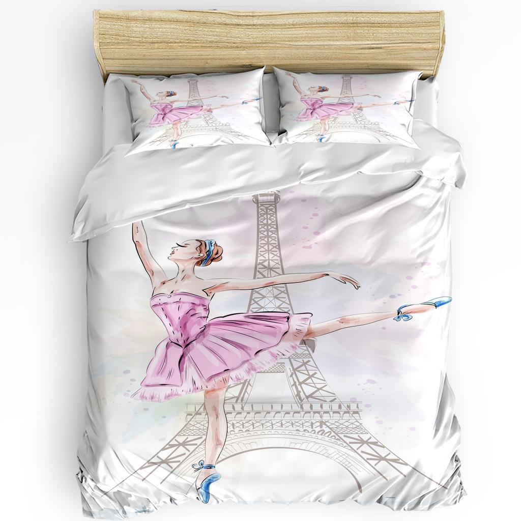 Frau Tanzen Eiffelturm Kunst Bettwäsche Set 3-teilig Bettbezug Kissenbezug Kinder Erwachsene Bettbezug Doppelbett Set Heimtextil