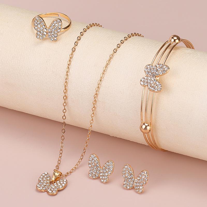 Elegant Heart & Butterfly Jewelry Set for Women: Stylish European & American Design with Stud Earrings, Ring, Bracelet, and Necklace.
